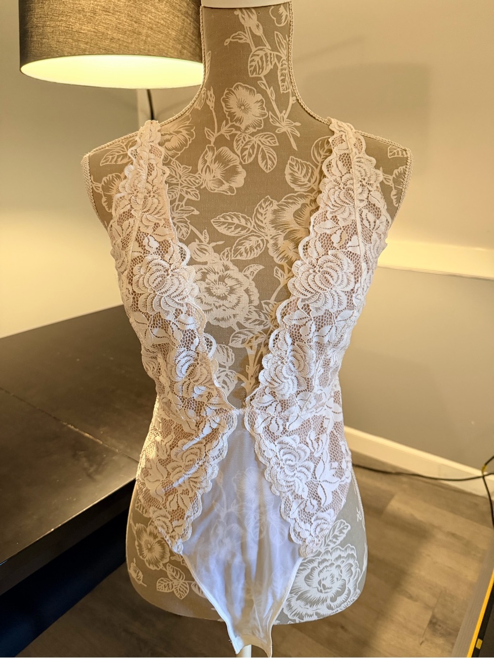 Delicate White Lace Plunge Bodysuit - Women Intimates Large